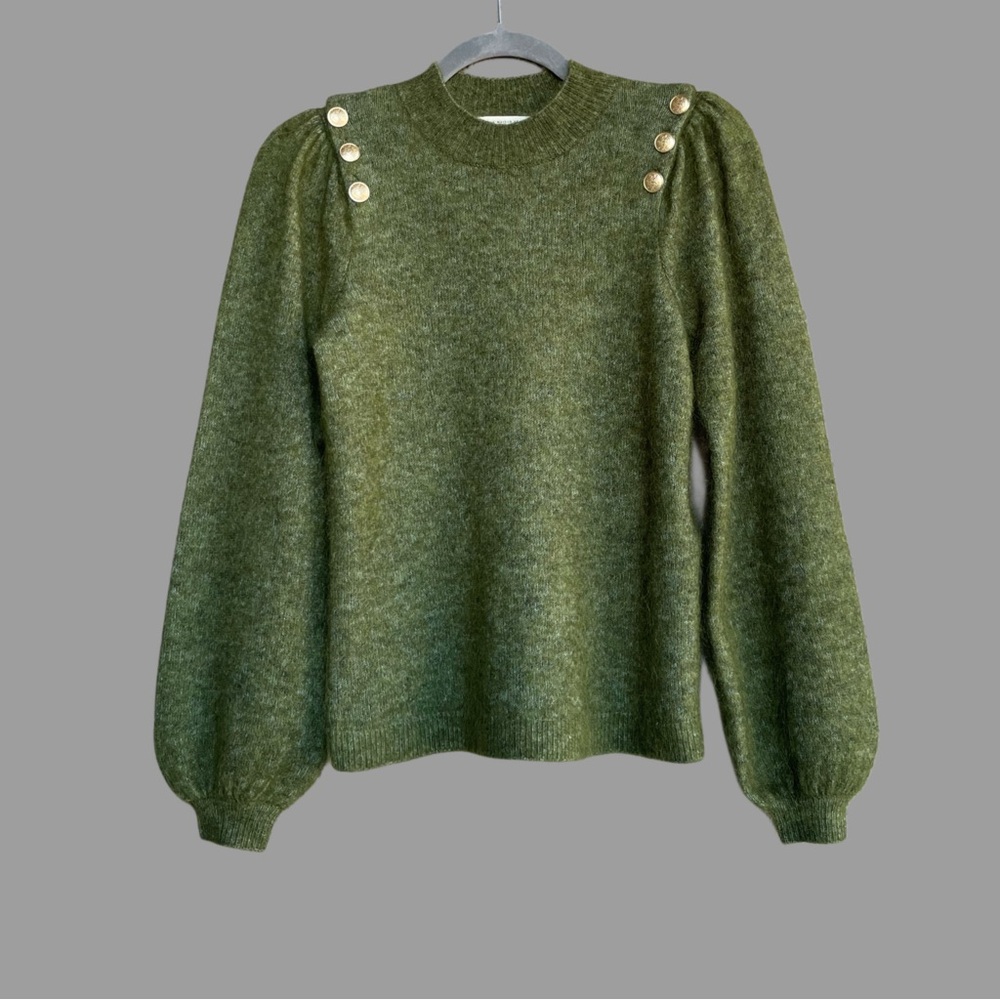 SEZANE Green Mohair Merino Wool Balloon Puff Sleeve Juno Sweater w/ Gold Buttons
